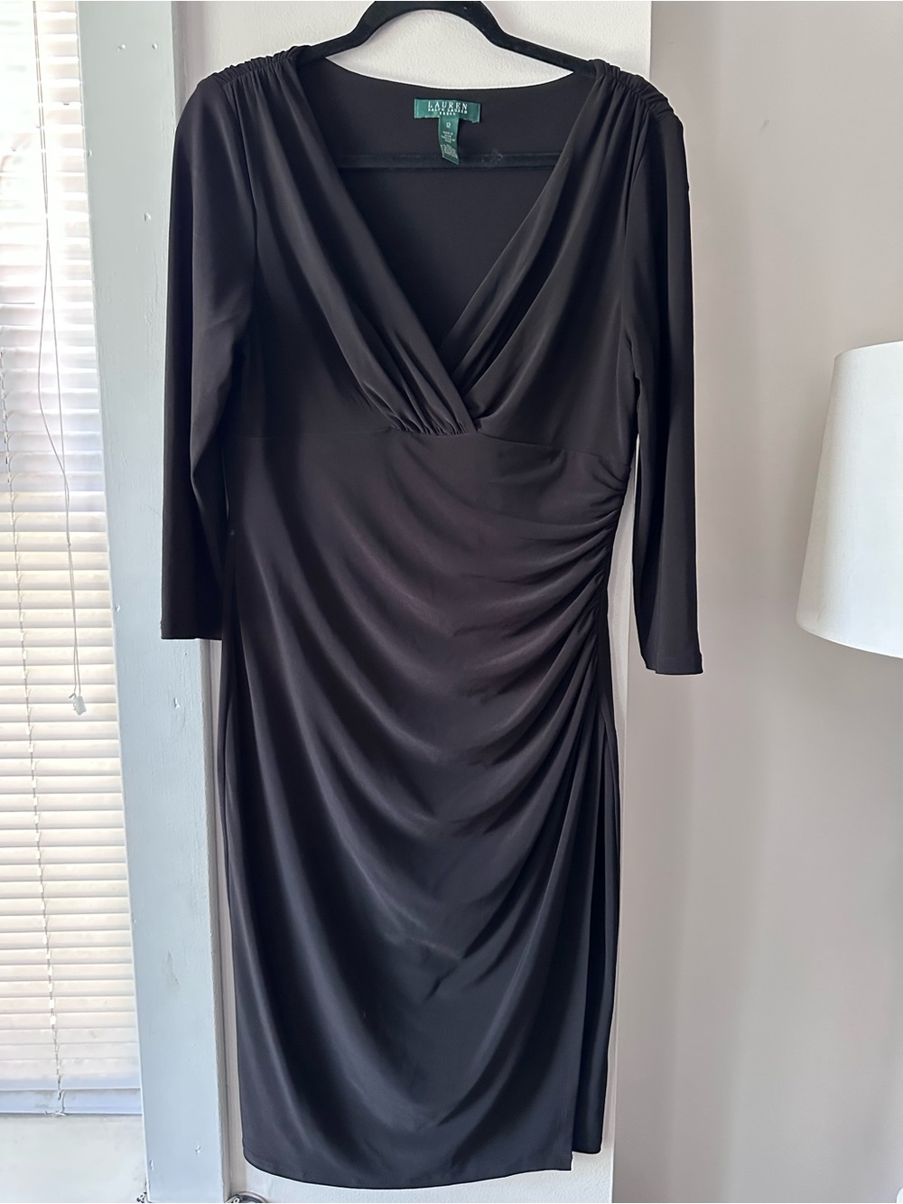 Lauren Ralph Lauren Black Ruched Faux Wrap Sheath Dress Size 12